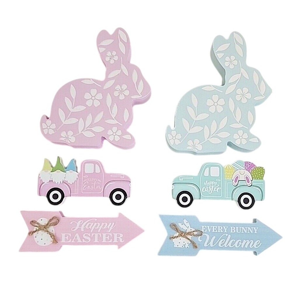 Easter Bunny Gnomes Trucks Eggs Wooden Block Signs Tiered Tray 6 Pc Set NEW